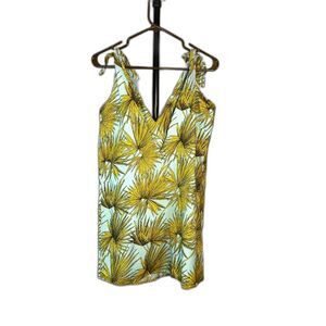 Tropical Linen Blend Midi Dress Palm Print Summer Vacation Resort Wear Size M